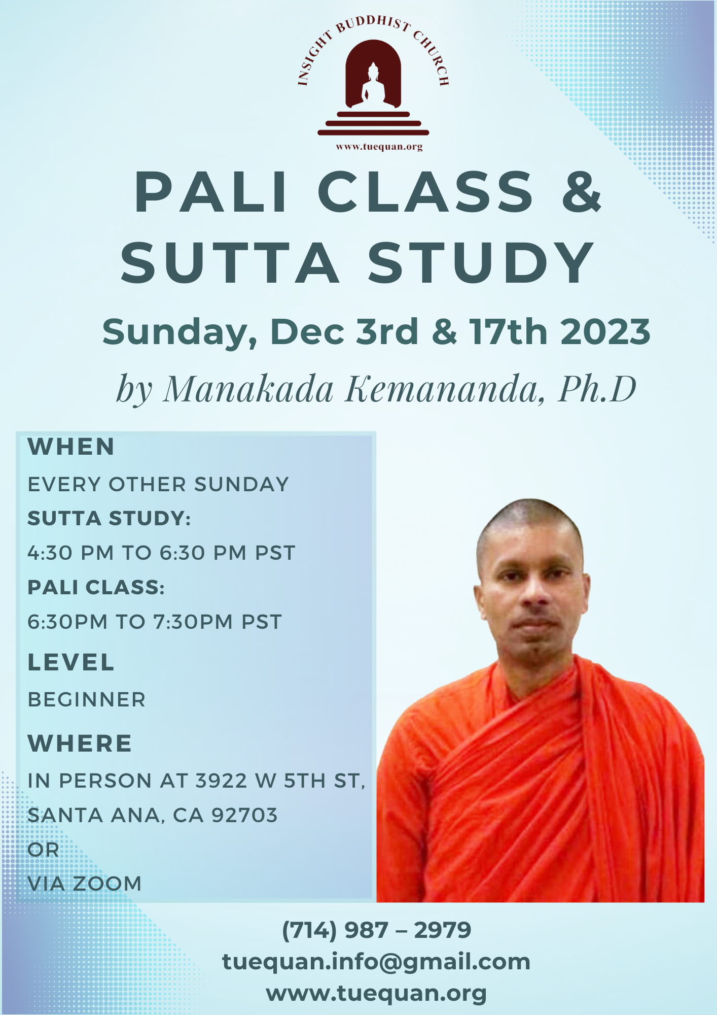 Pali class & Sutta study, Dec 03rd & 17th,2023