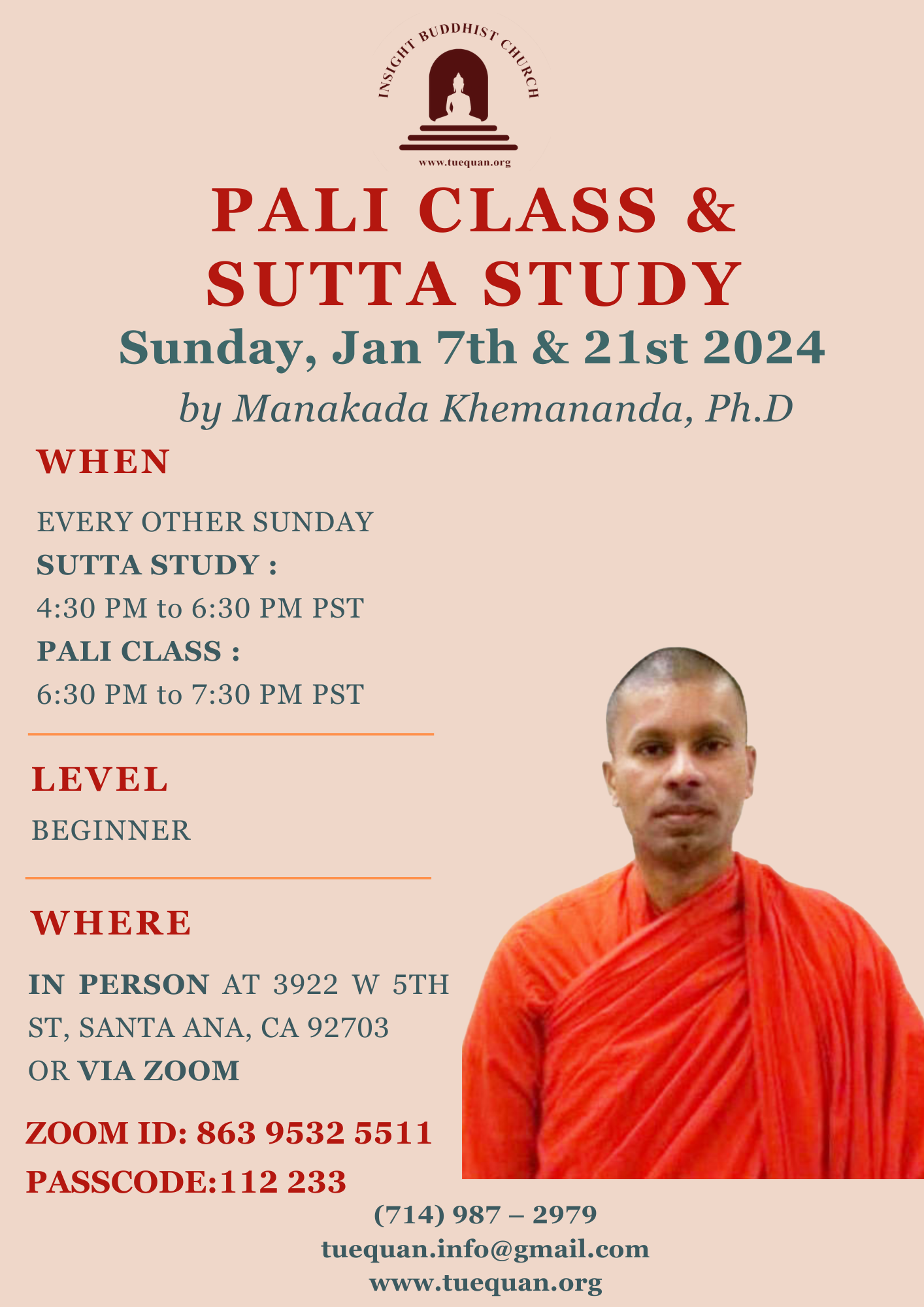 Pali class & Sutta study, Jan 07th & 21st,2024