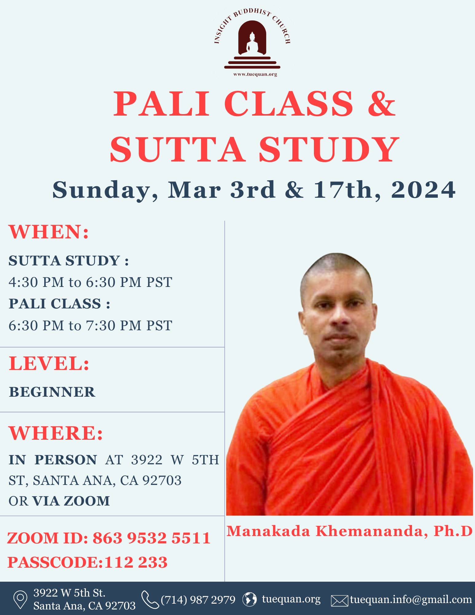 Pali class & Sutta Study, Mar 03rd & 17th,2024