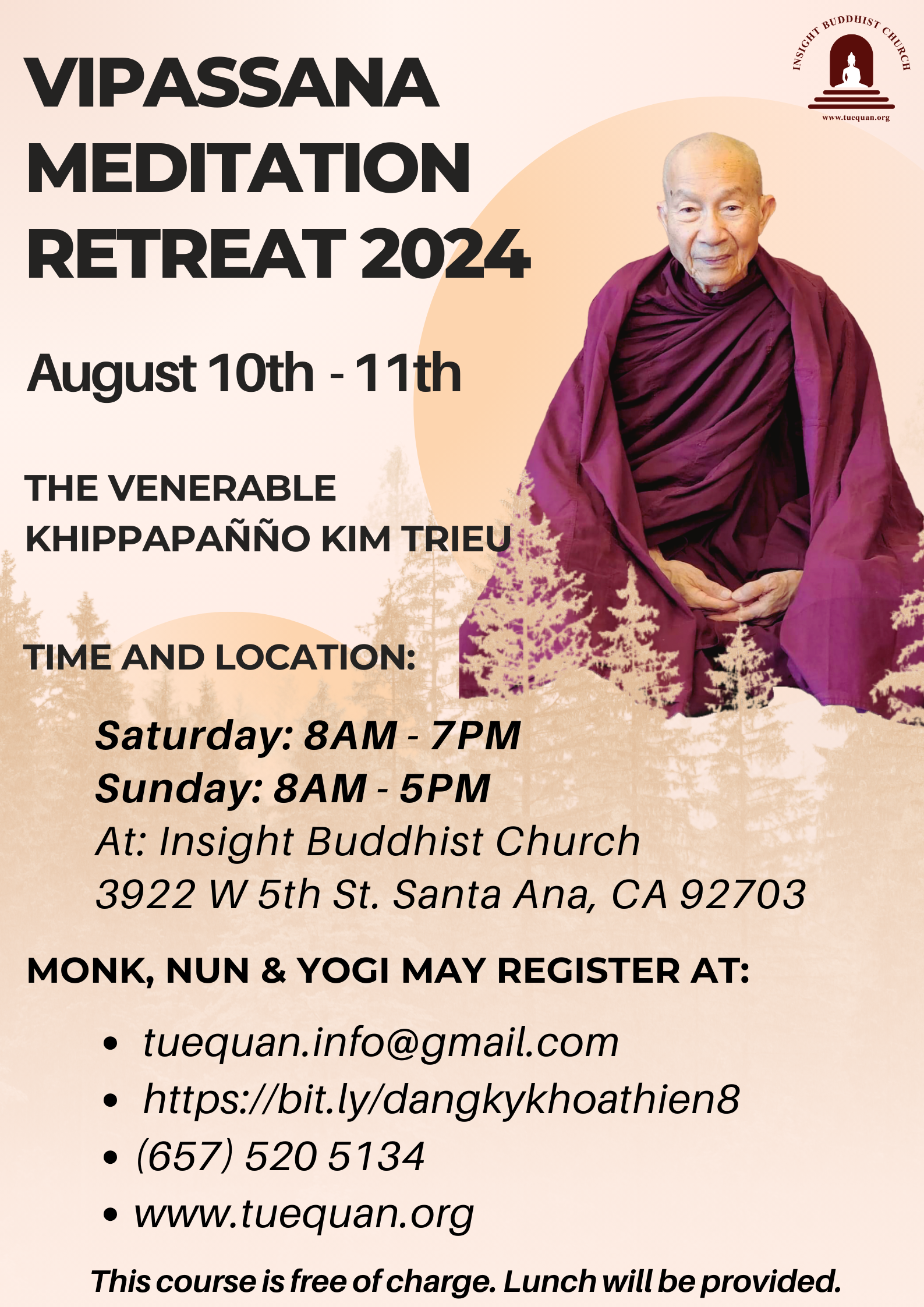 Vipassana meditation retreat, Aug 10th and 11th,2024