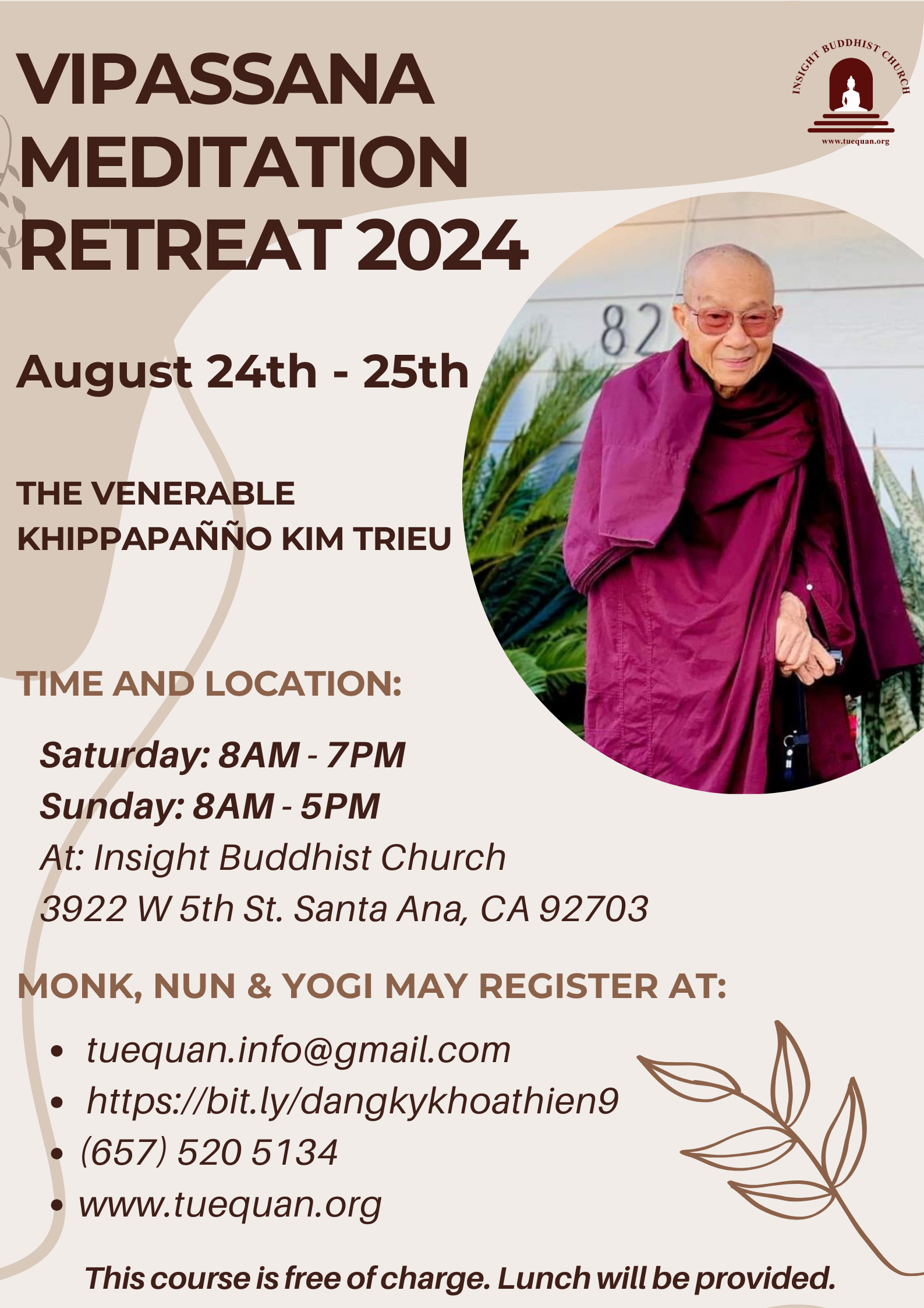 Vipassana meditation retreat, Aug 24th & 25th, 2024