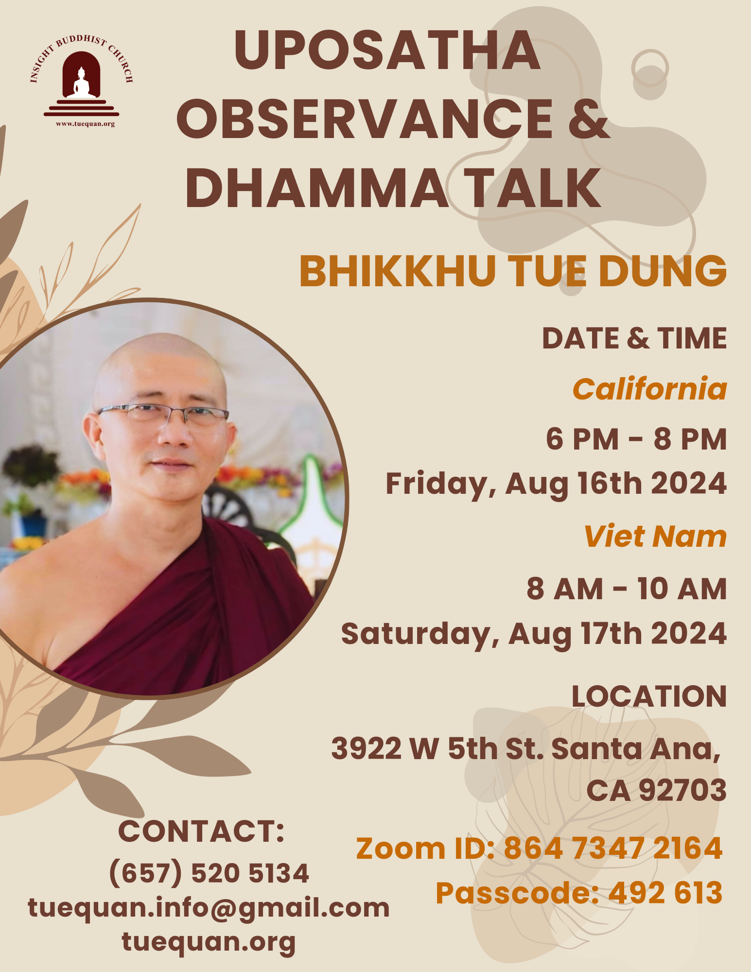 Uposatha Observance & Dhamma talk, Aug 16th 2024