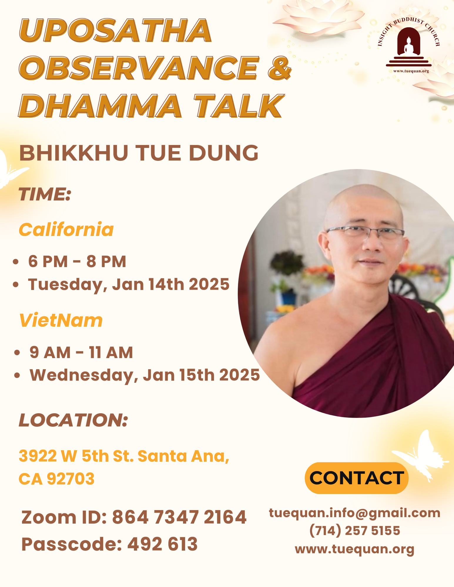 Uposatha Observance & Dhamma talk, Jan 14th 2025