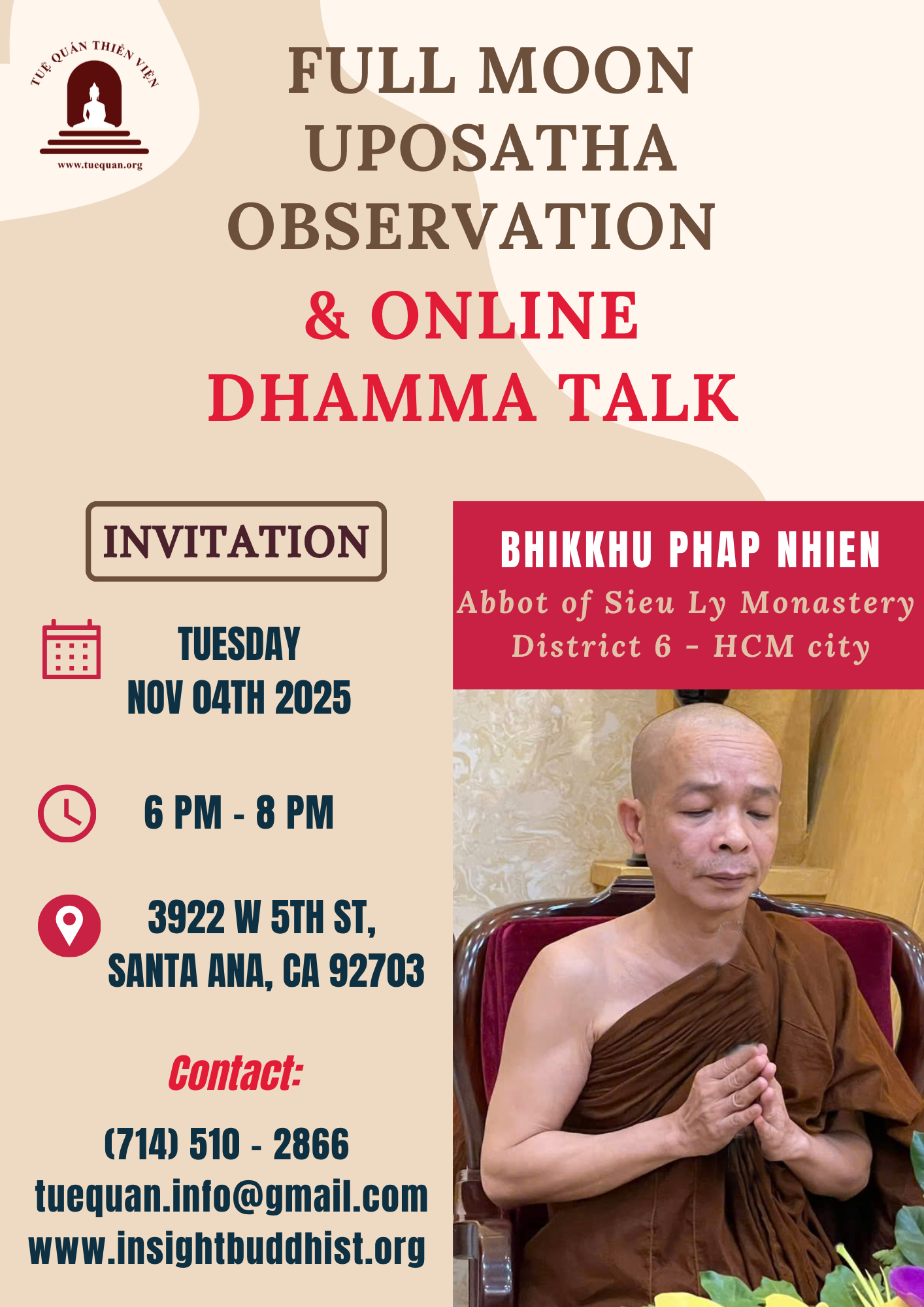 Full Moon Uposatha Observance & Online Dhamma talk, Nov 4th 2025