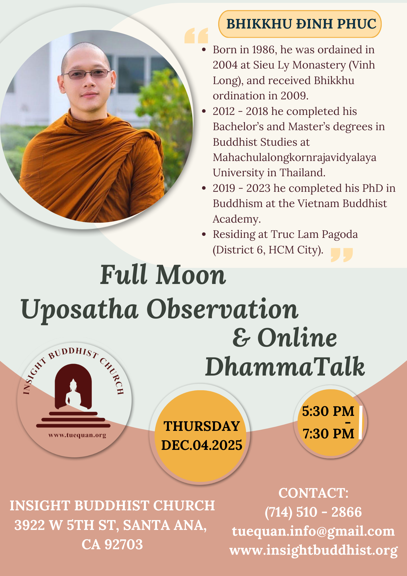 Full Moon Uposatha Observance & Online Dhamma talk, Dec 4th 2025
