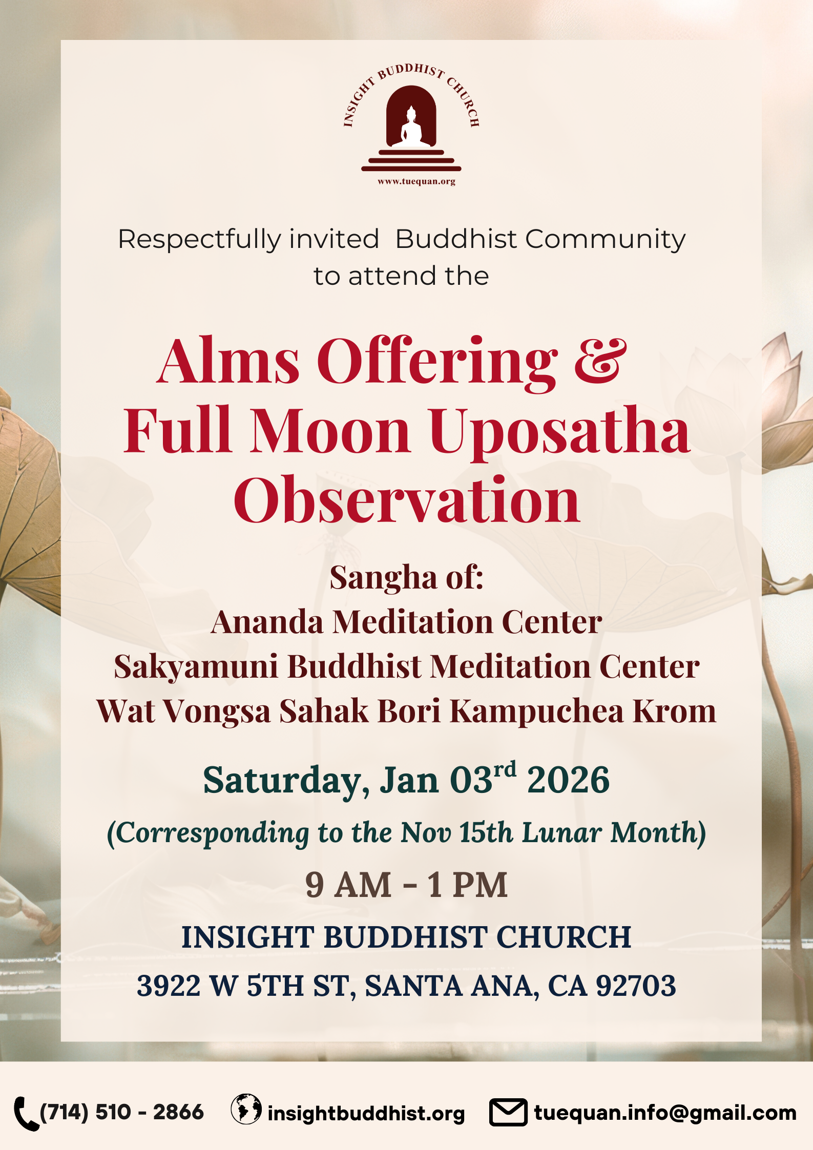 Alms offering & Full Moon Uposatha Observation, Jan 3rd 2026