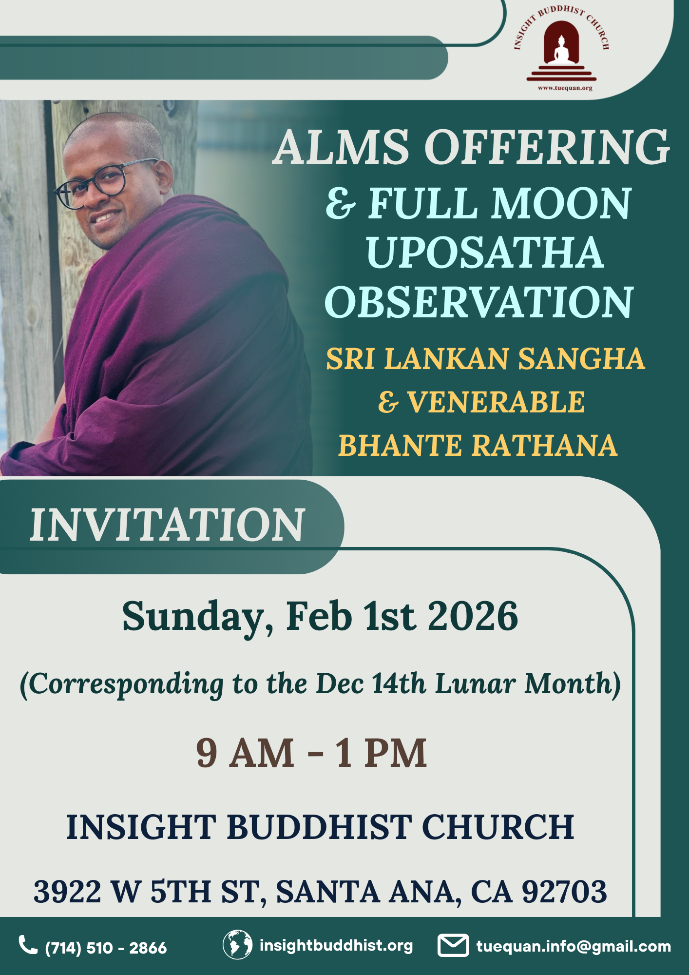 Alms Offering & Full Moon Uposatha Observation, Feb 1st 2026