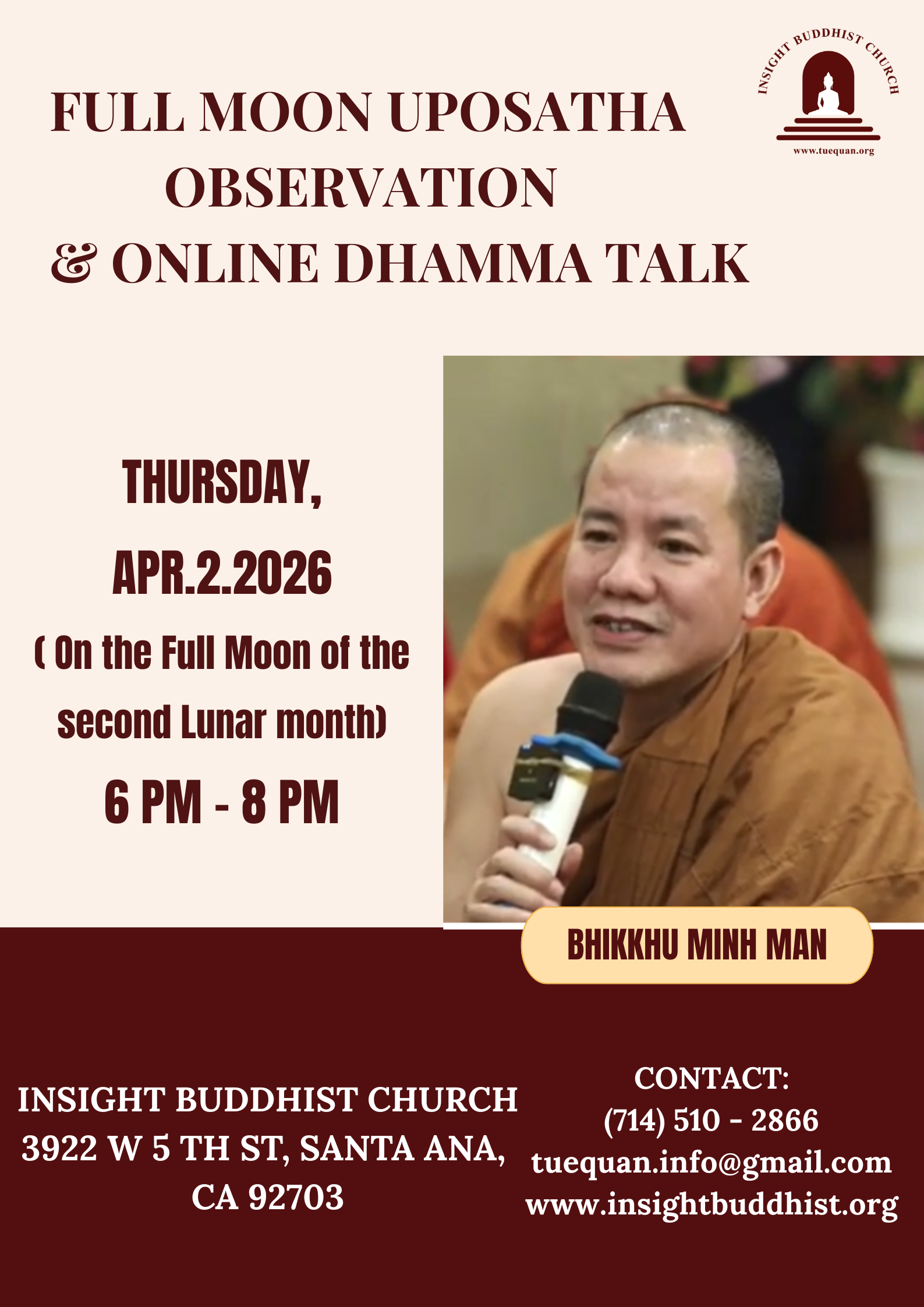 Full Moon Uposatha Observance & Online Dhamma talk, Apr 2.2026