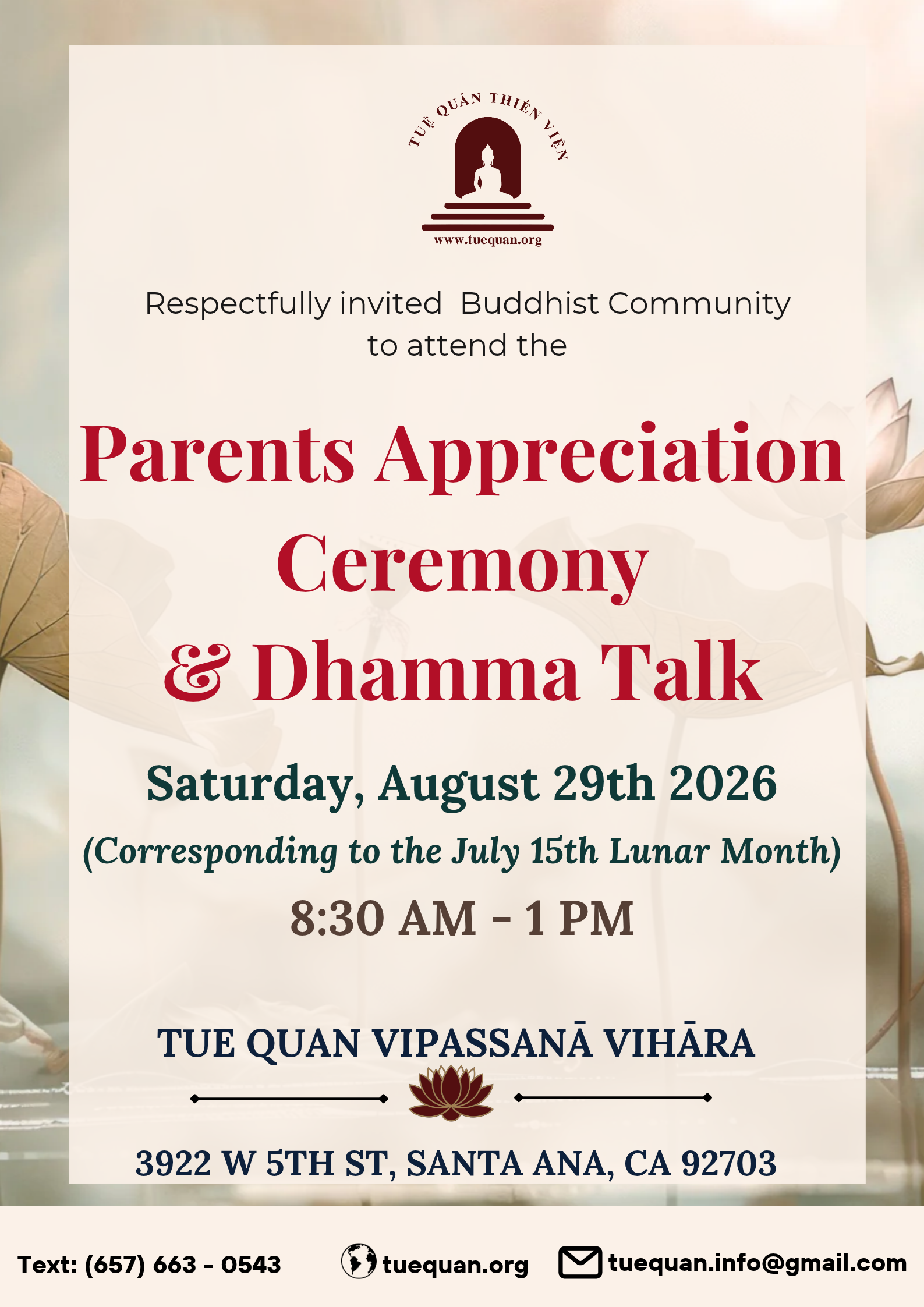 Parents Appreciation Ceremony & Dhamma Talk, August 29.2026