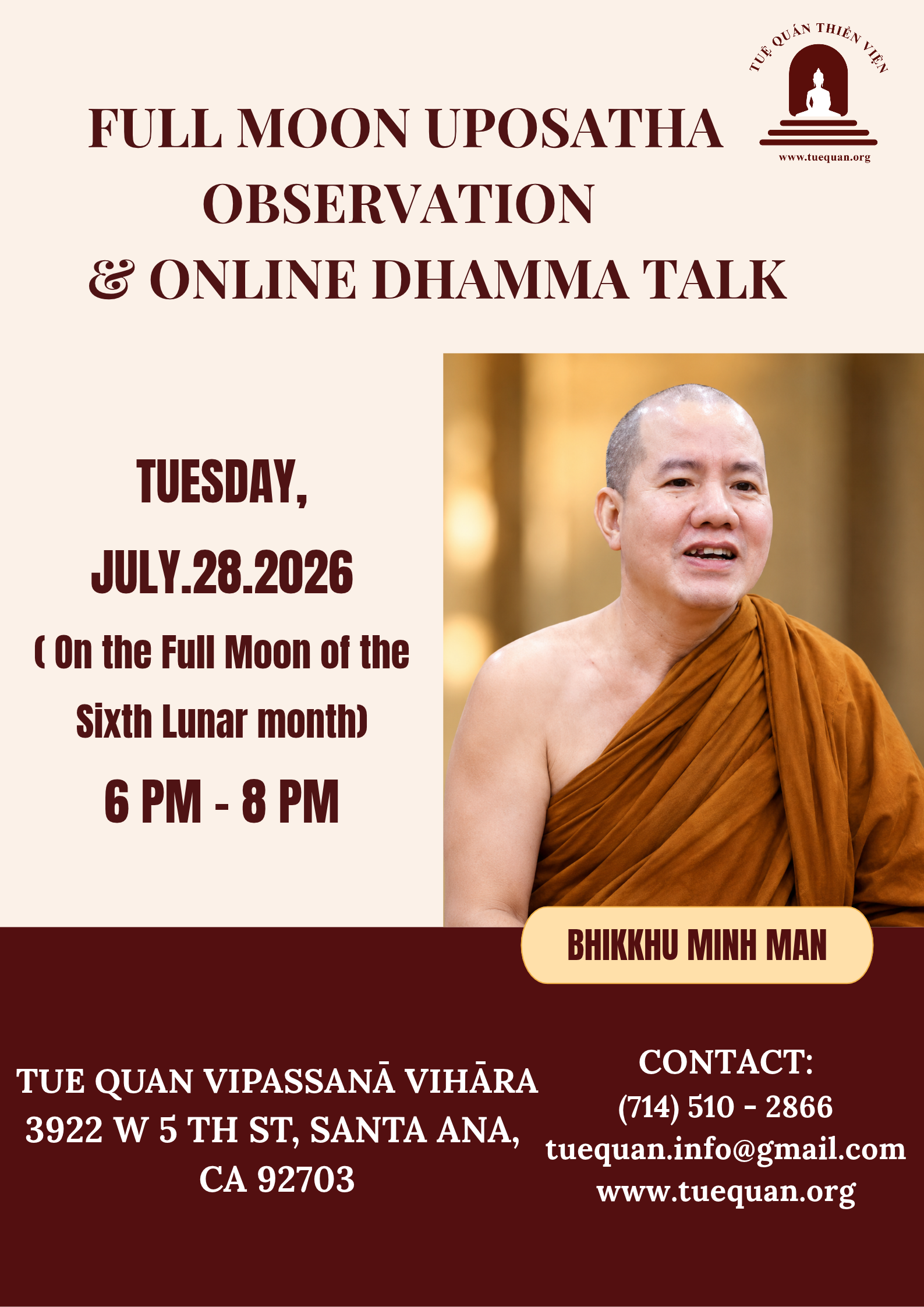Full Moon Uposatha Observance & Online Dhamma talk, July 28.2026